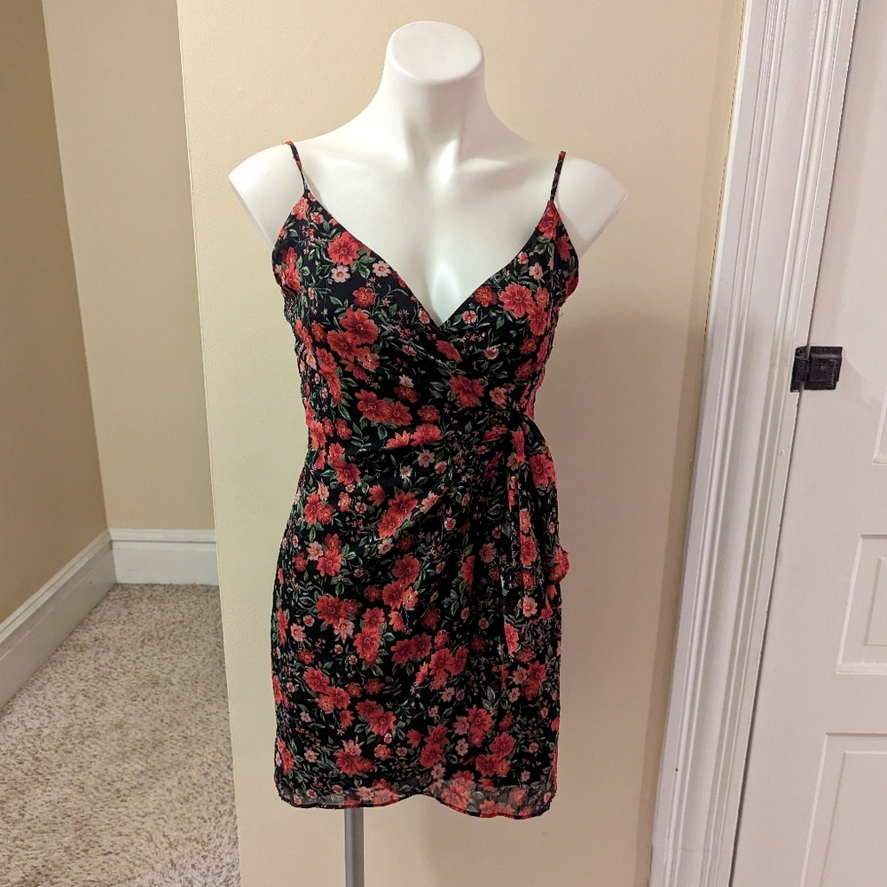 Rowa black with pink floral and metallic thread  print mini dress size small